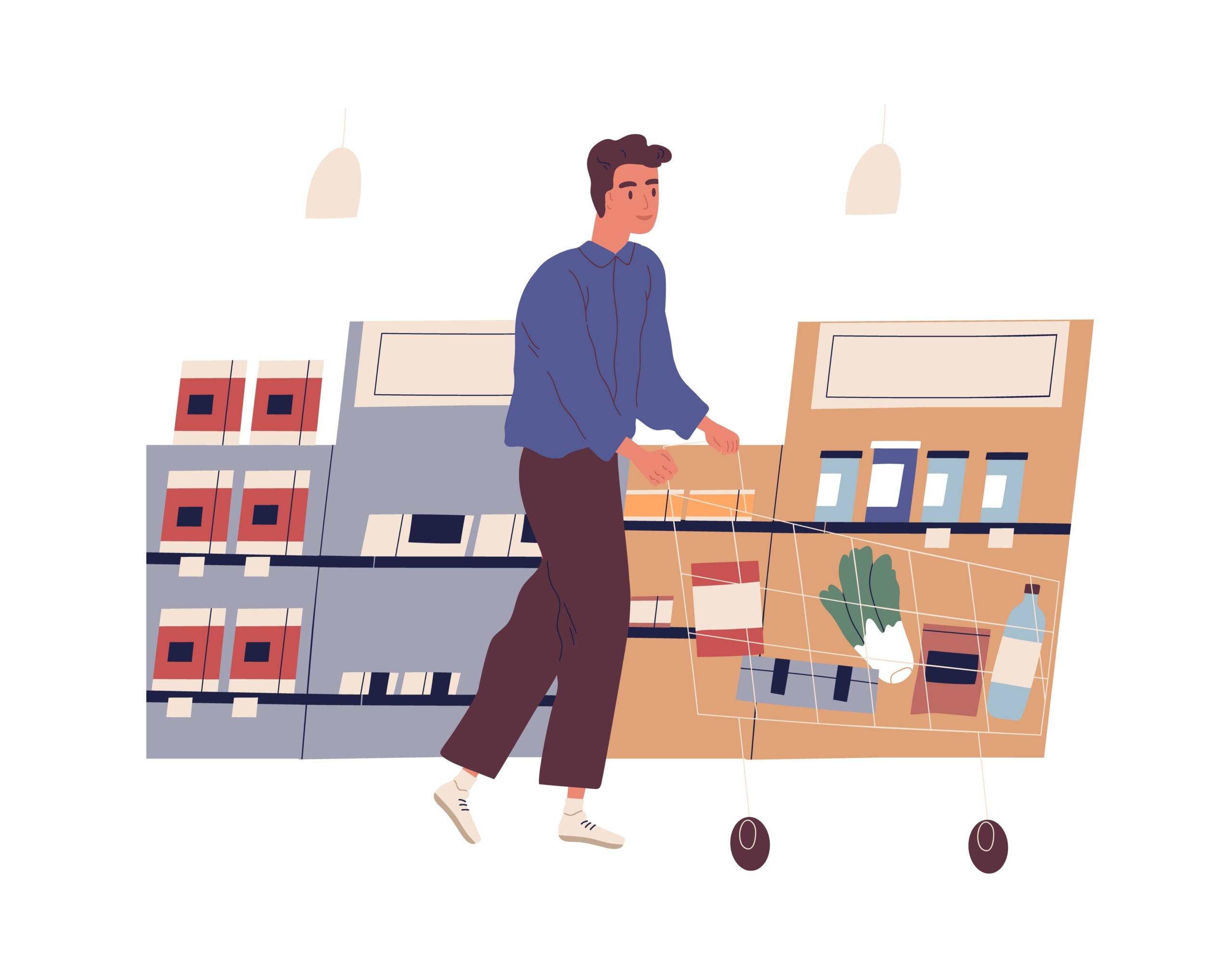 Funny young man with shopping cart buying food at grocery store. Cute boy walking along shelves with products at supermarket. Daily routine, everyday activity. Flat cartoon vector illustration.